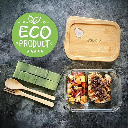 EcoPreps Glass Meal Prep Containers with Bamboo Lids, 2 Compartment Glass Bento Box Container Set (3 Pack) | 100% Plastic Free, Eco-Friendly, Lunch Containers with Lids Made of Bamboo - Set of 3