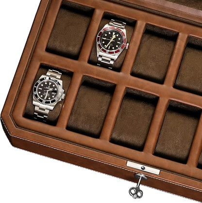 ROTHWELL 12 Slot Leather Watch Box - Luxury Watch Case Display Organizer, Microsuede Liner, Locking Mens Jewelry Watches Holder, Men's Storage Boxes Holder Large Glass Top (Tan/Brown)