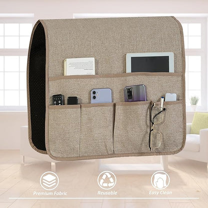 luckyjoyreal Faux Linen Armchair Caddy for Couch Remote Control Holder Non-slip Sofa Armset Organizer Caddy Storage for Recliner Couch 6 Pocket for Magazine 35"x19.5" Linen 1 Piece