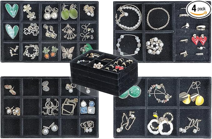 Set of 4 Stackable Jewelry Trays Organizer, Velvet Earring Organizer, Jewelry Organizer Showcase Display Drawer Organizer Storage, Earring Holder Necklace Bracelet Ring Accessary Organizers (Black)