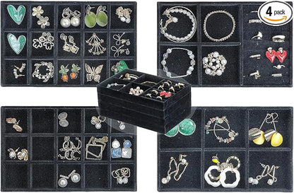 Set of 4 Stackable Jewelry Trays Organizer, Velvet Earring Organizer, Jewelry Organizer Showcase Display Drawer Organizer Storage, Earring Holder Necklace Bracelet Ring Accessary Organizers (Black)