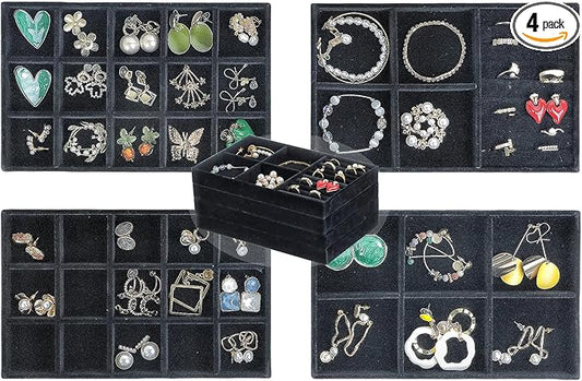 Set of 4 Stackable Jewelry Trays Organizer, Velvet Earring Organizer, Jewelry Organizer Showcase Display Drawer Organizer Storage, Earring Holder Necklace Bracelet Ring Accessary Organizers (Black)