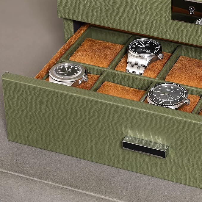 ROTHWELL 20 Slot Leather Watch box - Luxury Case Display Jewelry Organizer, - Locking Display Case Holder with Large Real Glass Top - Watch Box Organizer for Men and Women (Green/Tan)