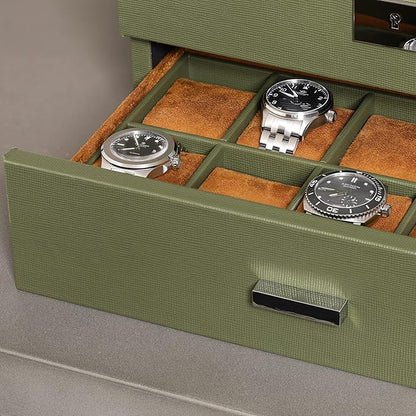 ROTHWELL 20 Slot Leather Watch box - Luxury Case Display Jewelry Organizer, - Locking Display Case Holder with Large Real Glass Top - Watch Box Organizer for Men and Women (Green/Tan)