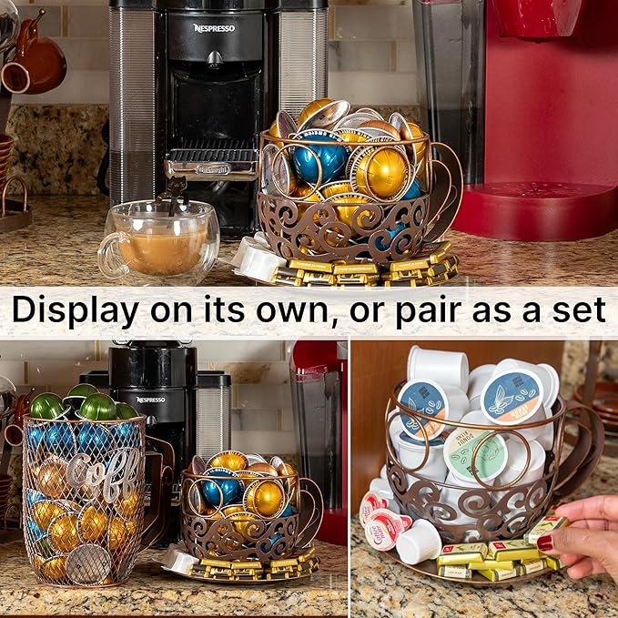Made Easy Kit Coffee Pod Organizer Compatible with Nespresso Vertuo and Original - Countertop Sculpture Holder Basket Style for Café Bar, Corner Station Office Break Area (Cup & Tray)