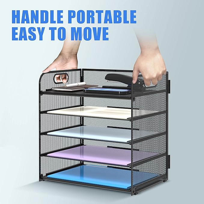 Supeasy 5 Trays Paper Organizer Letter Tray with Handle-Mesh Desk File Organizer, Paper Sorter Desk Organizer for Office, Home or School