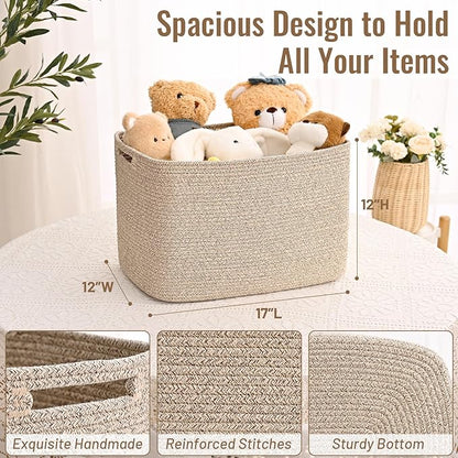 3 Pack Cube Storage Bin, 17”x12”x12” Cotton Rope Woven Baskets for Organizing Toys Clothes Towels, Square Gift Storage Baskets for Shelf, Nursery, Closet, Bathroom, Pantry (Jute)
