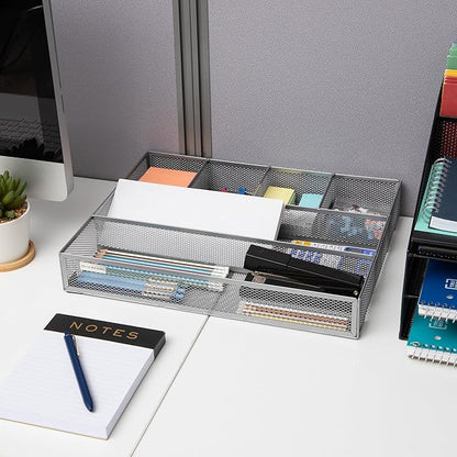 Mind Reader Drawer Organizer, Desk Org, Utensil Organizer, Office, Kitchen, Metal Mesh, Set of 2, Silver