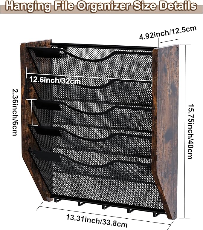 Wall File Organizer With Hooks, 5 Tier Mesh Mail Organizer Wall Mounted,Hanging File Organizer,Magazine Holder for Documents,Magazine,Literature,File,Mails,Envelopes