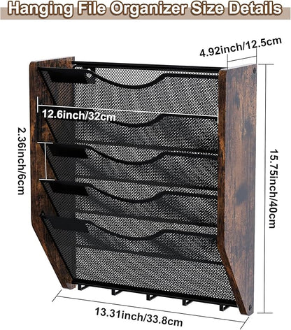Wall File Organizer With Hooks, 5 Tier Mesh Mail Organizer Wall Mounted,Hanging File Organizer,Magazine Holder for Documents,Magazine,Literature,File,Mails,Envelopes