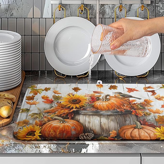 Wnoesat Fall Dish Drying Mat for Kitchen Counter Pumpkin Sunflower Maple Leaf Birds Drying Mats Autumn Thanksgiving Harvest Dish Drainer Mat Absorbent Microfiber Dishes Pad Large 18x24 Inch