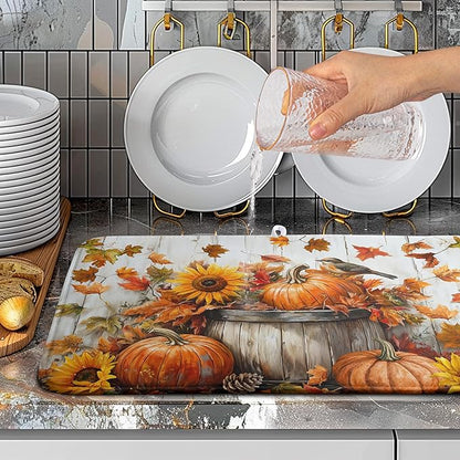 Wnoesat Fall Dish Drying Mat for Kitchen Counter Pumpkin Sunflower Maple Leaf Birds Drying Mats Autumn Thanksgiving Harvest Dish Drainer Mat Absorbent Microfiber Dishes Pad Large 18x24 Inch