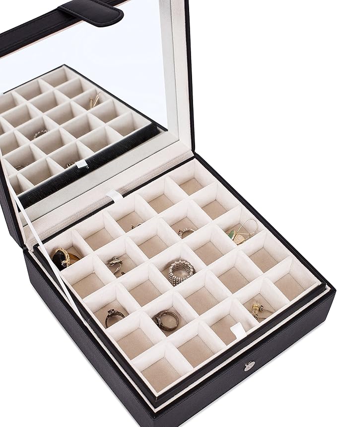 Internet's Best Faux Leather Grid Jewelry Box - 2-Tier Jewelry Organizer with 25 Slot for Rings, Earrings, Bracelets & Necklaces - Modern Style & Elegant Case with Velvet Lining & Mirror - Black