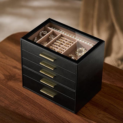 pickpiff Jewelry Box Organizer Case for Women: 5-Layer Jewelry Storage Case with Glass Window, Black Leather with Blush Velvet, Holder for Ring Necklace Bracelet Brooch Watch, Great Gift for Her