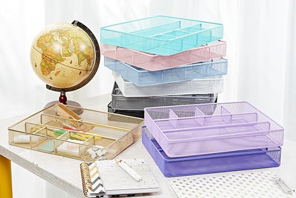 Annova Desk Top Organizer Tray for Office Organization - Metal Mesh - Storage Tray with Dividers for Pens, Desktop Accessories, Bathroom, Kitchen, Makeup and Office Supplies (Large, Light Pink)