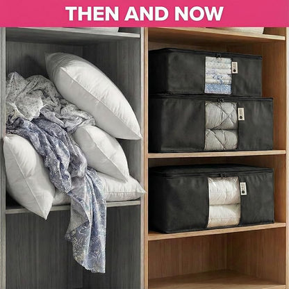 Cedar Storage Bag Organizer for Bedding Set - Protects from Moths, Moisture, Dirt & Dust - Set of 3 Storage Bags for Bed Sheets, Comforter, Pillows & More - Space-Saving Bedding Organizer, Black