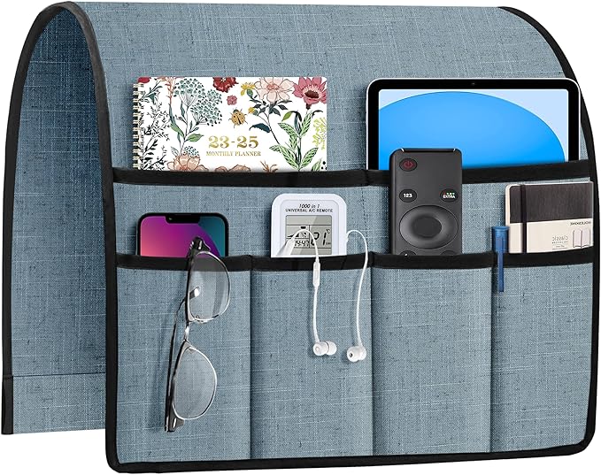 Joywell Remote Holder for Recliner Armchair Caddy Couch Armrest Non Slip Sofa Arm Chair Caddie with 6 Pocket for Magazine, Tablet, Phone, iPad, Think Linen, Blue