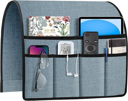 Joywell Remote Holder for Recliner Armchair Caddy Couch Armrest Non Slip Sofa Arm Chair Caddie with 6 Pocket for Magazine, Tablet, Phone, iPad, Think Linen, Blue