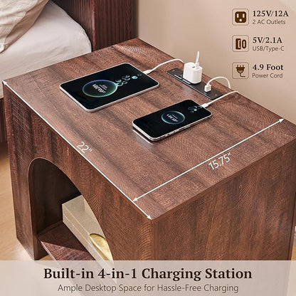 Arched End Table with Type-C Charging Station, 22" Modern Bedroom NightStand with Arched Open Shelf, Night Table with Outlet, USB, Type-C Port for Bedroom, Natural