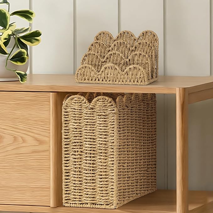 AELS Hand Woven Scalloped Basket Set of Mail Organizer and Magazine Holder, Coastal Style Mail Holder and Floor Magazine Rack, Boho Modern Farmhouse Book Basket Newspaper Bill Mail Sorter for Office