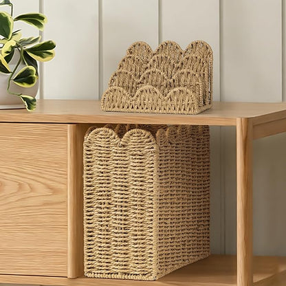 AELS Hand Woven Scalloped Basket Set of Mail Organizer and Magazine Holder, Coastal Style Mail Holder and Floor Magazine Rack, Boho Modern Farmhouse Book Basket Newspaper Bill Mail Sorter for Office