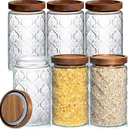 Domensi 6 Pcs Vintage Glass Jars 34 oz Glass Storage Jars with Lids Begonia Pattern Airtight Storage Jars for Kitchen Counter, Pantry, Coffee Bean, Grains, Tea, Sugar, Flour, Candy, Oats