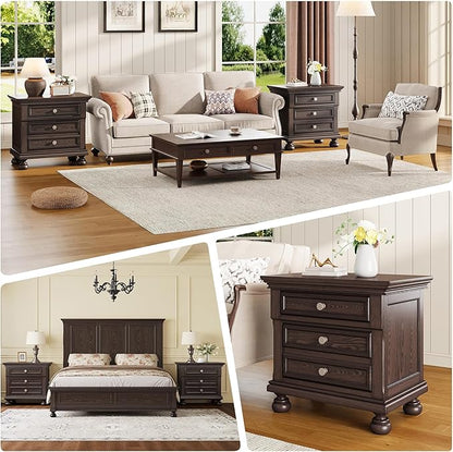 AMERLIFE Fully Assembled Nightstand, Solid Wood End Table with 2 Storage Drawers, 26" Extra Large Traditional Bedside Cabinet for Bedroom, Dark Brown