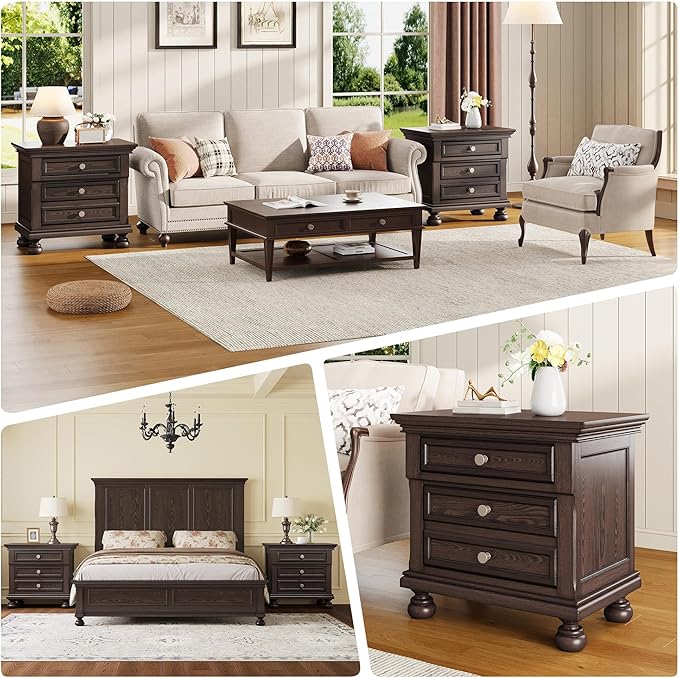 AMERLIFE Fully Assembled Nightstand Set of 2, Solid Wood End Table with 2 Storage Drawers, 26" Extra Large Traditional Bedside Cabinet for Bedroom, Dark Brown