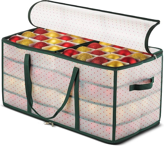 ZOBER Christmas Ornament Storage Box Plastic - Stores 128 3" Ornaments with Individual Trays - Ornament Organizer Storage Box, Durable Christmas Containers Holder - Green