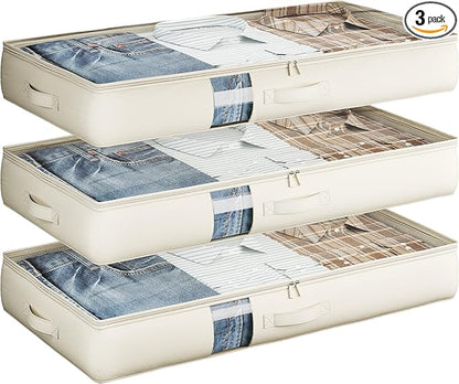 Under Bed Storage Containers with Window, Closet Organizers and Storage Bags, Foldable Underbed Storage Bags for Blankets, Clothing, Comforter, Linen Sheets, Wrapping Paper, 3 Pack, White Ivory