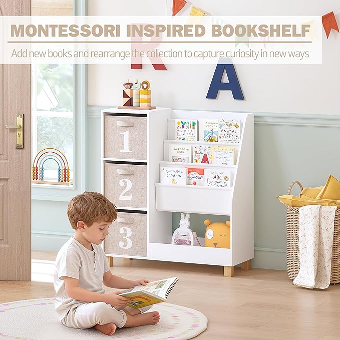 Spirich Kids Bookshelf with Storage Bins, Children Cube Storage Organizer, Montessori 3-Tier Book Display Rack, Book Shelf for Kids Rooms, Playroom, Nursery, White