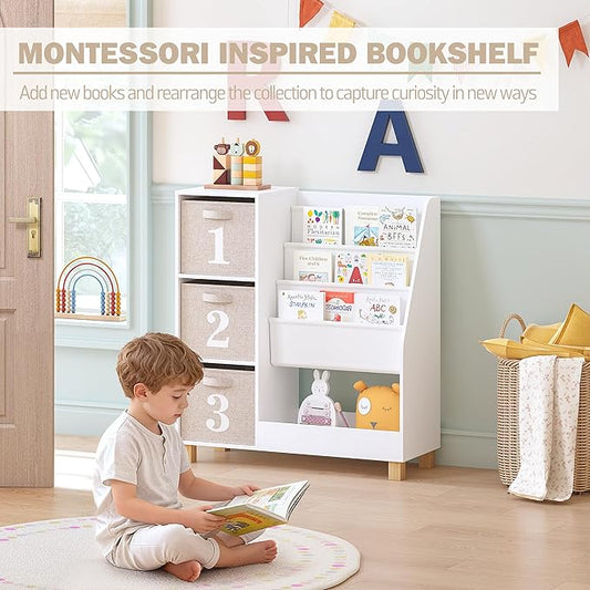 Spirich Kids Bookshelf with Storage Bins, Children Cube Storage Organizer, Montessori 3-Tier Book Display Rack, Book Shelf for Kids Rooms, Playroom, Nursery, White