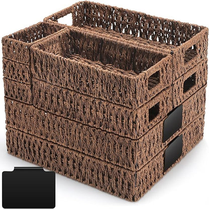 Marsui 9 Pcs Paper Rope Storage Baskets with Handle Labels Handwoven Multi-size Brown Storage Bins for Organizing Small Baskets Container for Shelves Closet Pantry Toilet