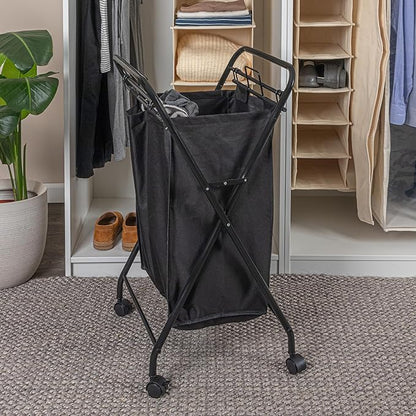 Household Essentials Rolling Laundry Hamper, Heavy Duty Canvas Bag, 2 Load Capacity, Foldable Frame, Black Bag with Velcro Fasteners, Black