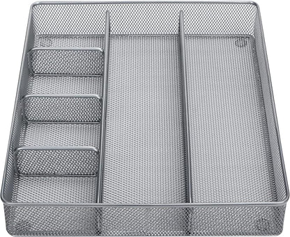 Annova Desk Top Organizer Tray for Office Organization - Metal Mesh - Storage Tray with Dividers for Pens, Desktop Accessories, Bathroom, Kitchen, Makeup and Office Supplies (Large, Silver)