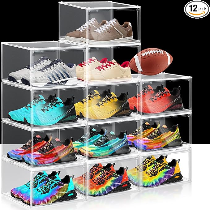 3BBYJL 12 Pack Plastic Shoe Storage Boxes Fit US Size 13, Clear Stackable Shoe Display Case with Acrylic Magnetic Side Door, Shoe Containers for Sneaker Storage, Hats, Figure, Collectible