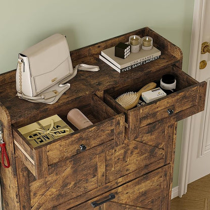 Shoe Storage Cabinet for Entryway, Farmhouse Narrow Shoe Cabinet with 2 Flip Drawers & Top Drawers, Adjustable Shelves & Hooks, Freestanding Hidden Rack Organizer for Hallway, Foyer