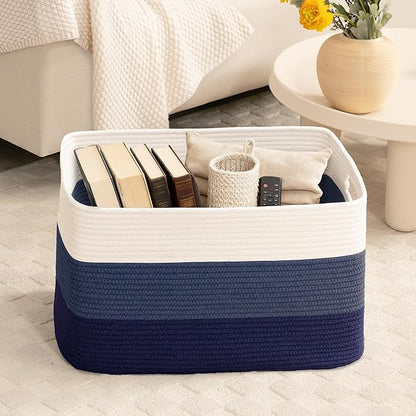 72L Large Laundry Basket with Leather Handles for Living Room Storage, Woven Rope Baskets Bin for Blanket, Kids Toy, Gifts, Wicker Hamper for Bedroom Dirty Clothes, 22"x17"x12" Gradient Blue