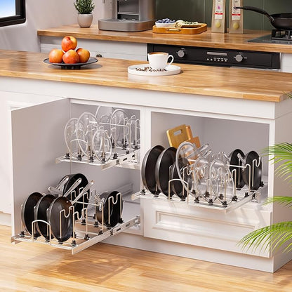 Pull Out Pots and Pans Organizer Under Cabinet, Sliding Adjustable Pot Rack with 15 Adjustable Dividers, Chrome-Plated Pot and Pan Holder Rack, Full-Extension Rail for Kitchen Organization 20" W*22" D