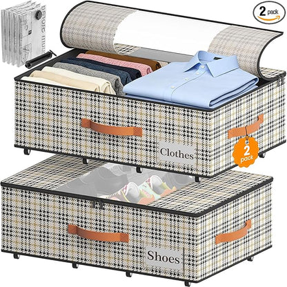 TOSKING Under Bed Storage with Wheels (2 Pack) with 4 Vacuum Bags, 7.9" Height Rolling Underbed Storage Containers, 900D Oxford Heavy Duty Drawer, 80lbs Load Organizer for Clothes, Shoes, Houndstooth