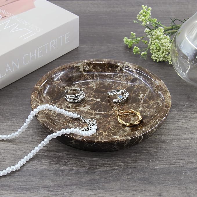 Small Natural Marble Jewelry Tray Key Plate Holder Dish Trinket Decor Catch All Bowl for Ring Earring Stone Gift for Women Daugther,Dark Brown