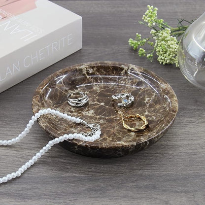 Small Natural Marble Jewelry Tray Key Plate Holder Dish Trinket Decor Catch All Bowl for Ring Earring Stone Gift for Women Daugther,Dark Brown