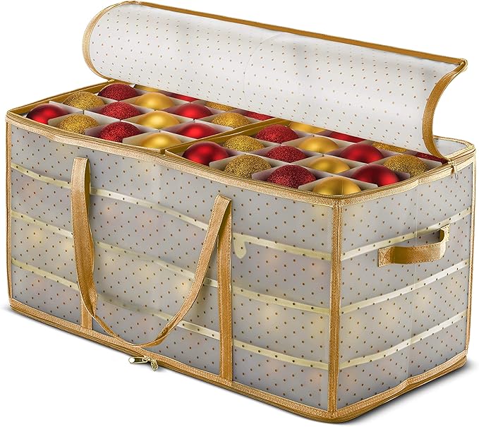 ZOBER Christmas Ornament Storage Box Plastic - Stores 128 3" Ornaments with Individual Trays - Ornament Organizer Storage Box, Durable Christmas Containers Holder - Gold