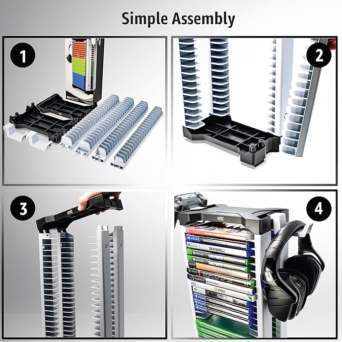 ADZ Universal Game Holder – 46 Game Storage Tower Rack for PS2 PS3 PS4 PS5 PSP Xbox 360 Xbox One Series X Wii Switch Games DVD and Blu-Ray Disks. Includes 2 Controller Mounts (White)