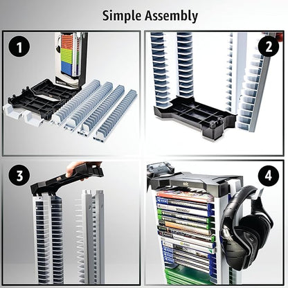 ADZ Universal Game Holder – 46 Game Storage Tower Rack for PS2 PS3 PS4 PS5 PSP Xbox 360 Xbox One Series X Wii Switch Games DVD and Blu-Ray Disks. Includes 2 Controller Mounts (White)
