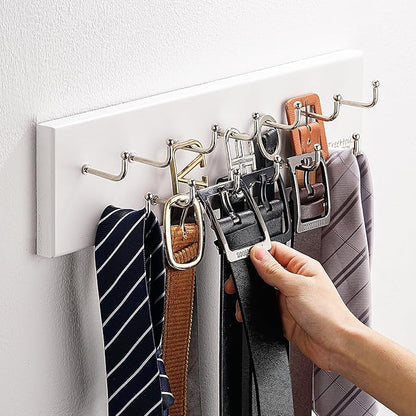 Treehouse Belt Organizer Rack, Holds Over 28 Large Belts, Sturdy Metal & Solid Wood Storage Holder for Closet, Versatile, Wall Mounted Belt & Tie Display Hanger for Bedroom - (White)16''L x4.25''H