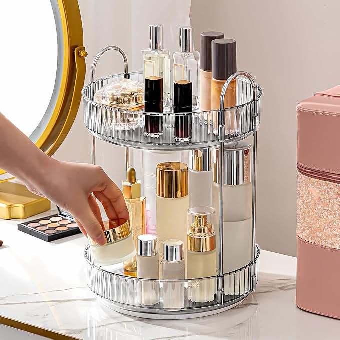 Weidace 360 Rotating Makeup Organizer for Vanity, Bathroom Countertop Spinning Perfume Organizer, High-Capacity Cosmetic and Skincare Dresser Make Up Holder Rack (2 Tiers, Grey)