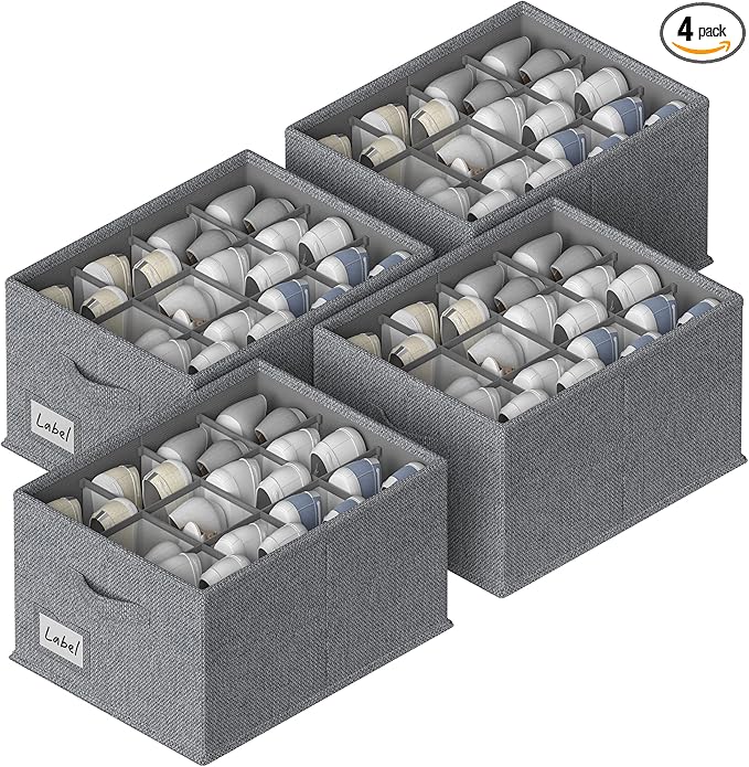 FHSQX 4 Pack Shoe Organizer for Closet,Foldable Shoe Organizer,Fits up to 48 Pairs,Storage Containers with Bottom Support for Shoes (Dark Grey, (16.5 * 12.6 * 9.5) x4)