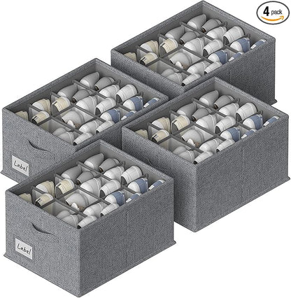 FHSQX 4 Pack Shoe Organizer for Closet,Foldable Shoe Organizer,Fits up to 48 Pairs,Storage Containers with Bottom Support for Shoes (Dark Grey, (16.5 * 12.6 * 9.5) x4)