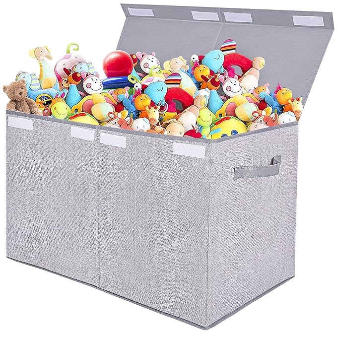 Large Toy Box Chest Storage Organizer with Lid,Collapsible Kids Toys Boxes Basket Bins with Sturdy Handles for Boys and Girls, Nursery, Playroom, Closet 25"x13" x16" (Light Grey)